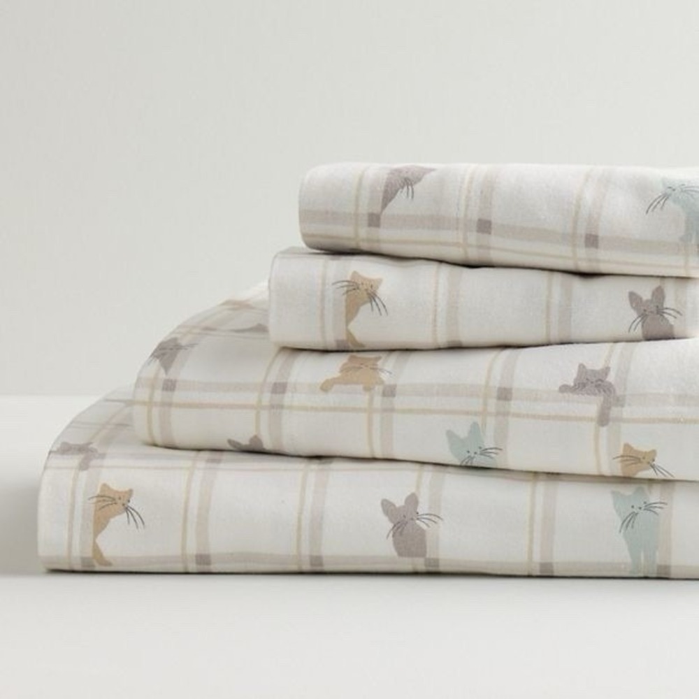 Cuddl Duds Heavyweight Cotton Flannel Sheet Set Pillowcases QUEEN Cats Plaid